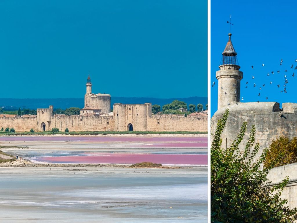 Medieval ramparts of Aigues-Mortes seen from the pink salt marshes with a close up on the Constance Tower