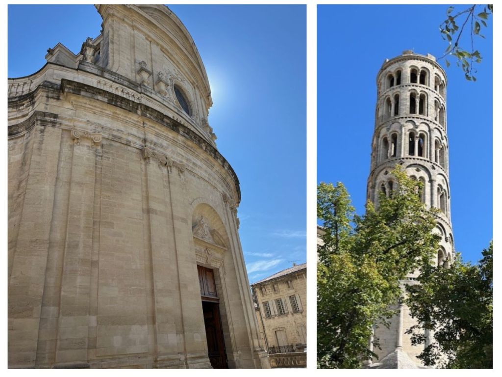 Side-by-side views of Saint-Étienne church with its Baroque dome and the Romanesque Tour Fenestrelle bell tower of Saint-Théodorit Cathedral in Uzès, southern France