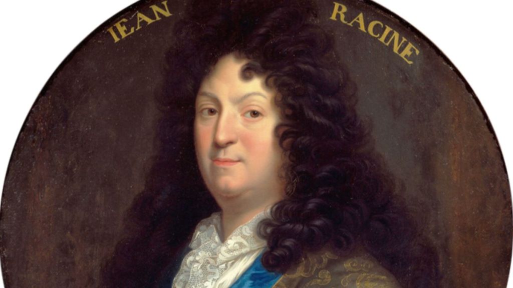 Portrait of Jean Racine, 17th-century French playwright. Oil painting showing a man in a dark curly wig, lace cravat, blue sash, and gold-embroidered robe. His name appears in gold lettering at the top of the oval composition.