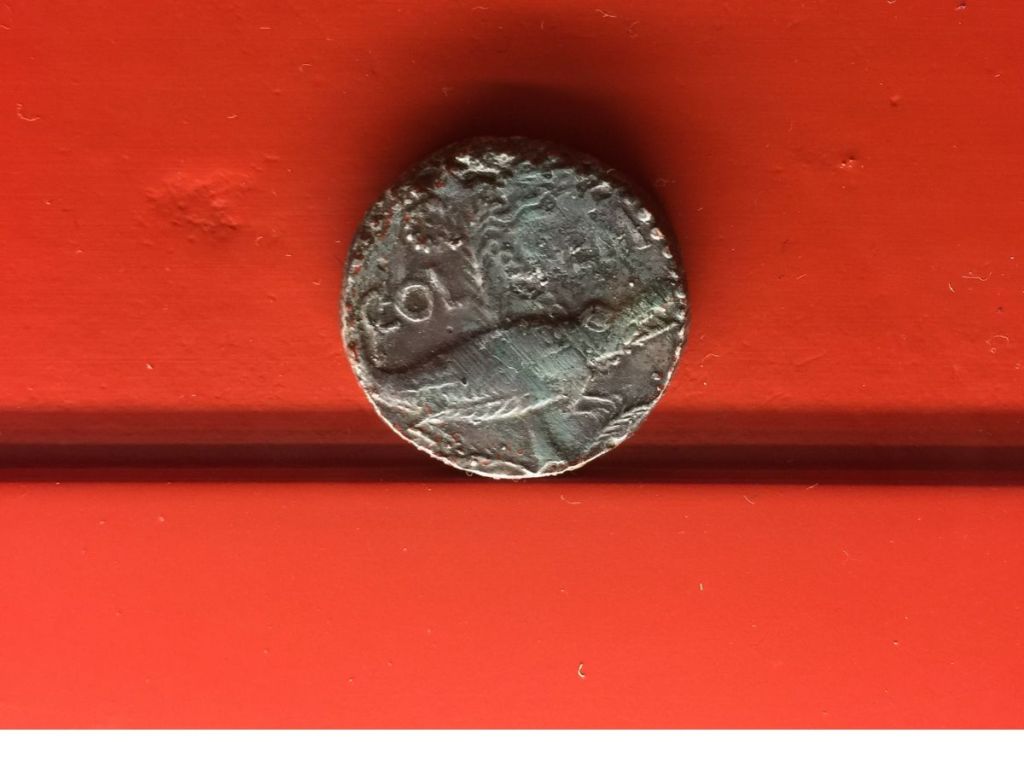 Ancient Roman coin from Nîmes featuring a crocodile chained to a palm tree, the city's historic emblem