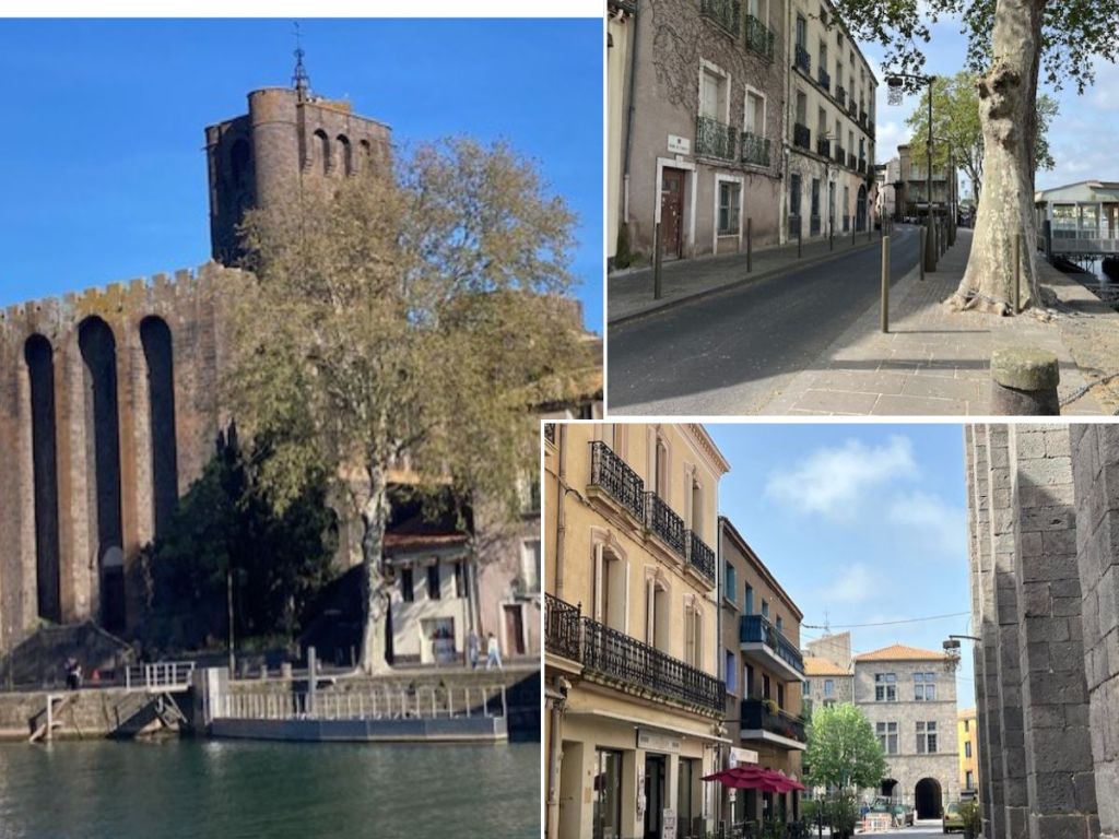 The ancient fortified cathedral of Agde in dark volcanic stone rising above the Hérault river, with two views of the town's streets and plane trees