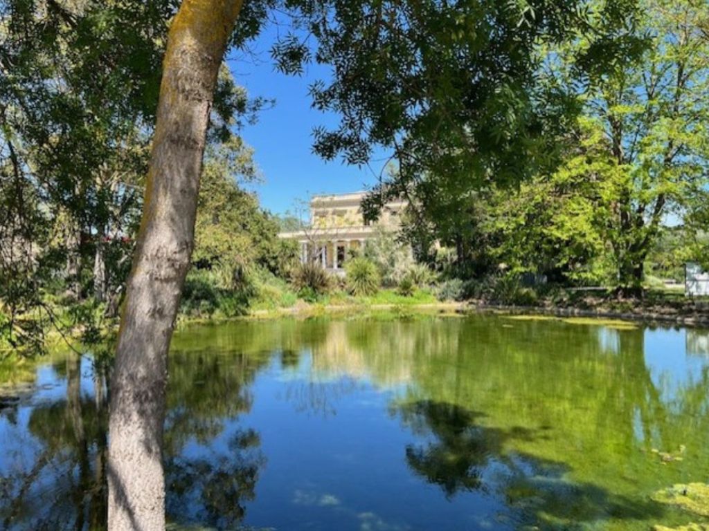 A neoclassical villa glimpsed through lush trees and reflected in a tranquil ornamental pond at the Château Laurens estate in Agde