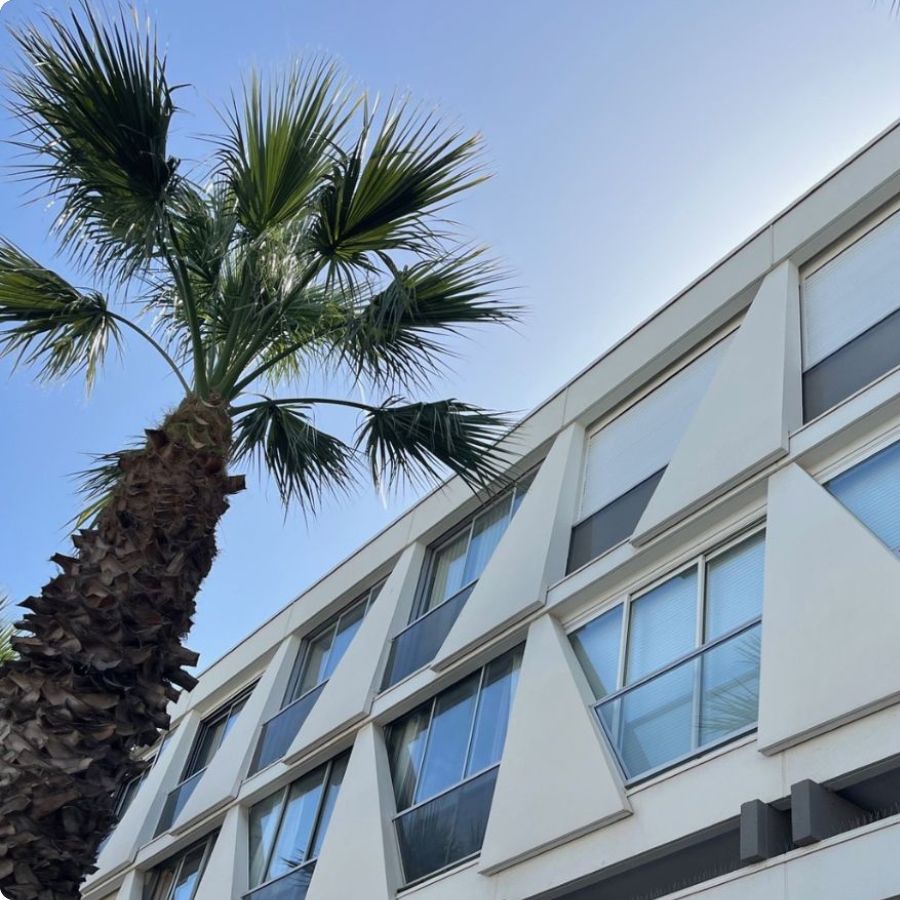 Upward view of a white modernist building with geometric triangular facades alongside a palm tree against a blue sky, La Grande-Motte, Languedoc coast