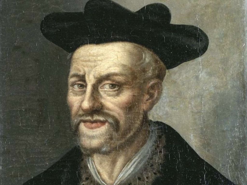 Oil portrait of François Rabelais, Renaissance humanist and author, wearing a dark robe and flat black hat, with a knowing half-smile.