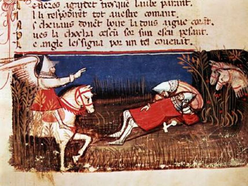 Illuminated manuscript page from a 14th-century copy of the Chanson de Roland, showing a mounted angel appearing to a fallen knight in red armor, with Old French verse above.