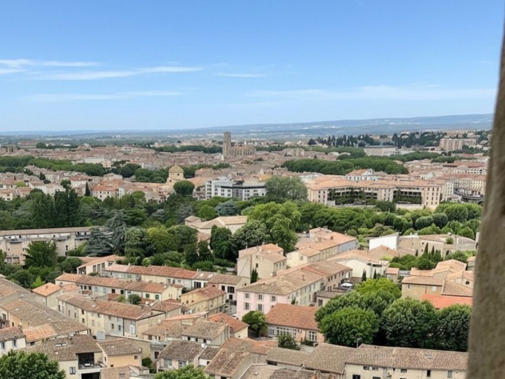 Aerial view over the rooftops of the Bastide Saint-Louis in Carcassonne, showing its grid street plan
