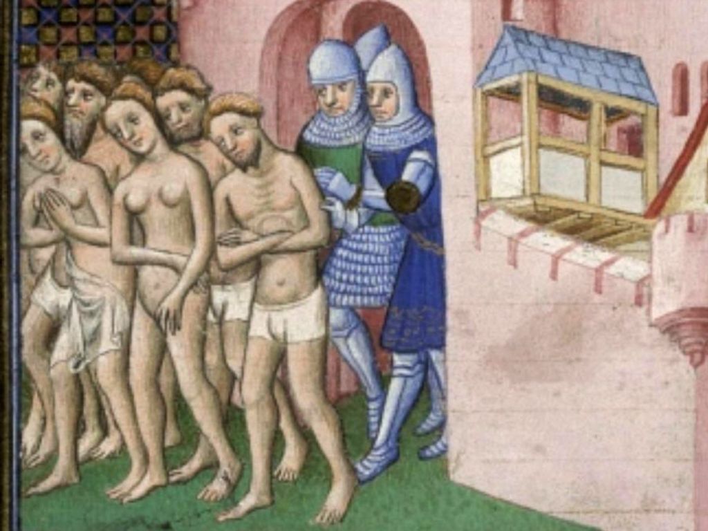 Medieval illumination depicting the expulsion of Carcassonne's inhabitants in 1209, from the Grandes Chroniques de France