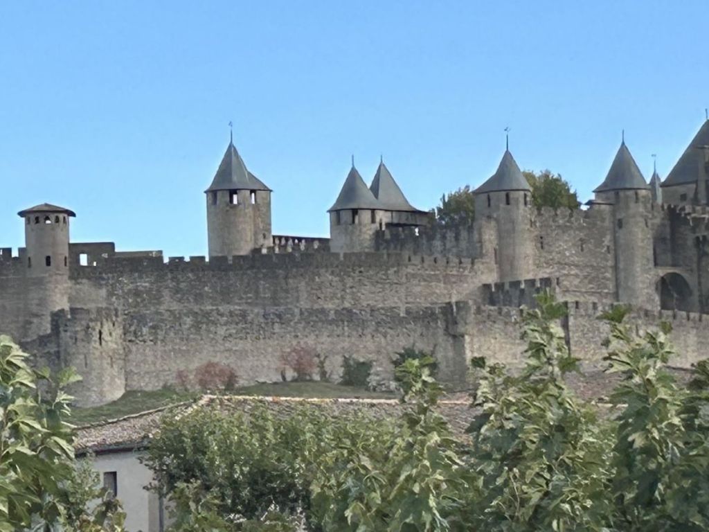 Skyline of the Cité de Carcassonne with its towers and ramparts seen from a distance