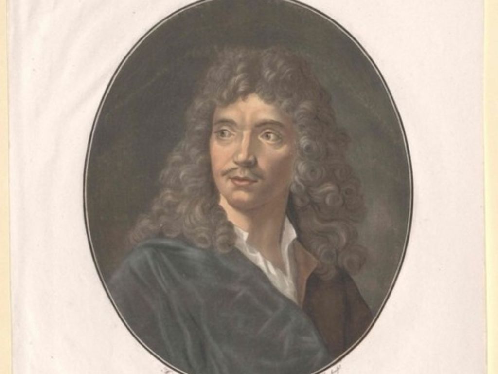 Oval engraved portrait of Molière, 17th-century French playwright, in period dress with long curled hair