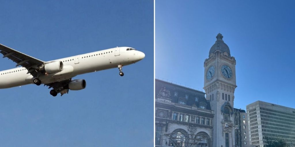 Airplane on approach and the clock tower of Paris Gare de Lyon, illustrating travel by air or train to southern France
