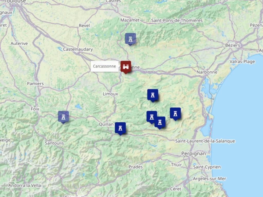 Map showing Carcassonne and the royal fortresses of the Aude and Ariège inscribed on the UNESCO World Heritage List