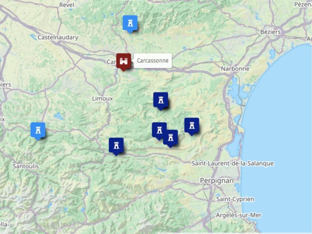 Map showing Carcassonne and the royal fortresses of the Aude and Ariège inscribed on the UNESCO World Heritage List