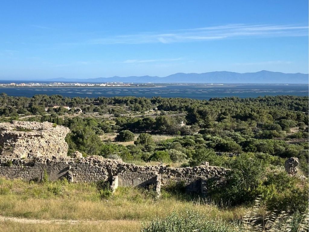 Ruins of Leucate castle overlooking the lagoon, oyster beds and distant Pyrenees