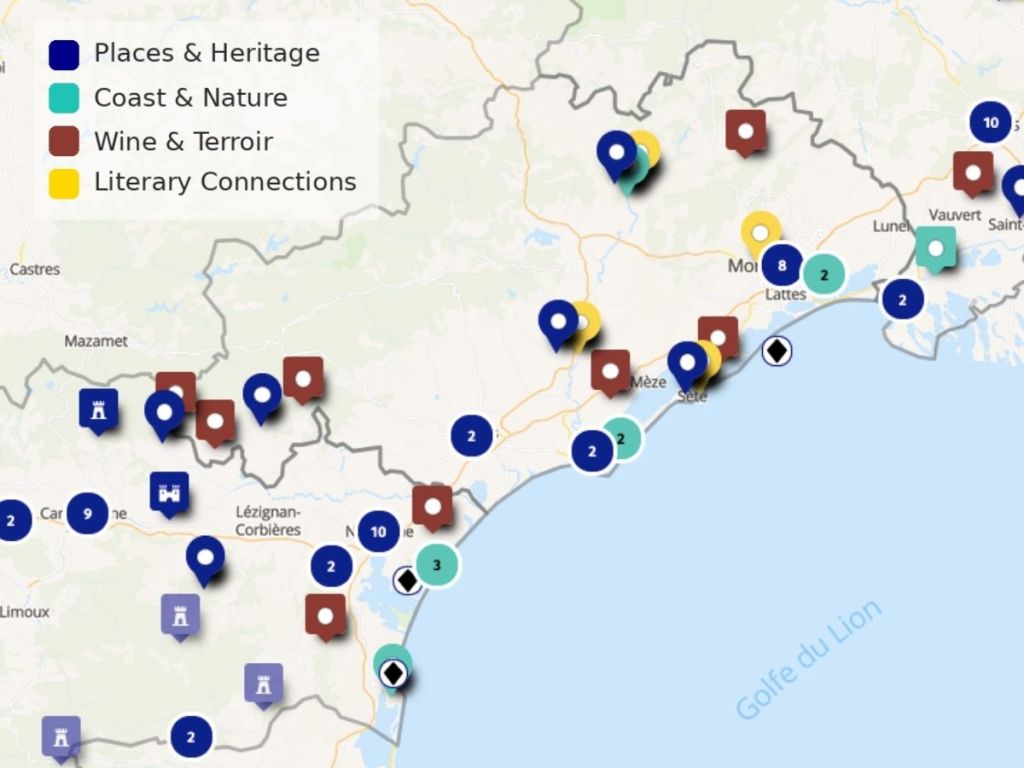 Interactive map of Gard, Hérault, and Aude with color-coded markers for heritage, coast, wine, and literary sites.